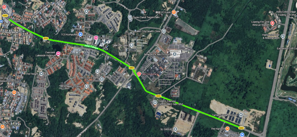 Jalan Cahaya 双车道扩建路线图，显示 Miri Airport、Riam 与 Lopeng 一带